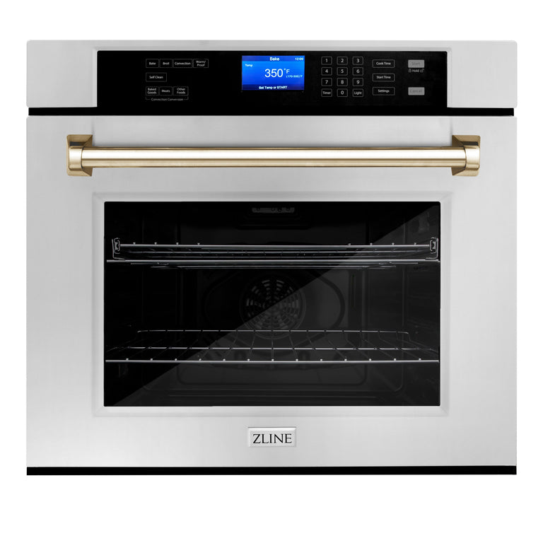 ZLINE 30 In. Autograph Edition Single Wall Oven with Self Clean and True Convection in Stainless Steel and Gold, AWSZ-30-G