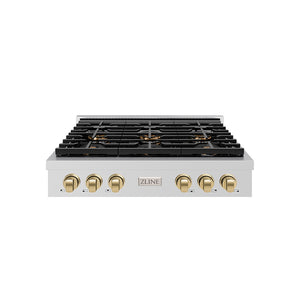 ZLINE Autograph 36" Paramount Gas Rangetop with 6 Burner DuoPro™ Cooktop in Stainless Steel and Champagne Bronze Accents, PSRTZ-36-CB