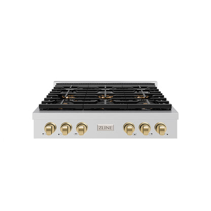 ZLINE Autograph 36" Paramount Gas Rangetop with 6 Burner DuoPro™ Cooktop in Stainless Steel and Champagne Bronze Accents, PSRTZ-36-CB