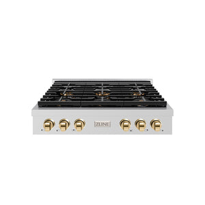 ZLINE Autograph 36" Paramount Gas Rangetop with 6 Burner DuoPro™ Cooktop in Stainless Steel and Polished Gold Accents, PSRTZ-36-G