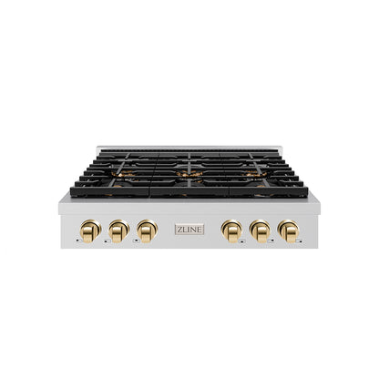 ZLINE Autograph 36" Paramount Gas Rangetop with 6 Burner DuoPro™ Cooktop in Stainless Steel and Polished Gold Accents, PSRTZ-36-G
