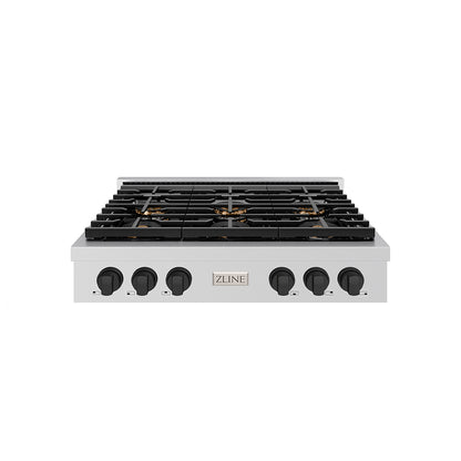 ZLINE Autograph 36" Paramount Gas Rangetop with 6 Burner DuoPro™ Cooktop in Stainless Steel and Matte Black Accents, PSRTZ-36-MB