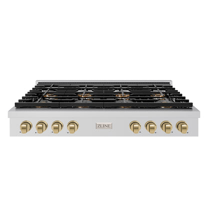 ZLINE Autograph 48" Paramount Gas Rangetop with 8 Burner DuoPro™ Cooktop in Stainless Steel and Champagne Bronze Accents, PSRTZ-48-CB
