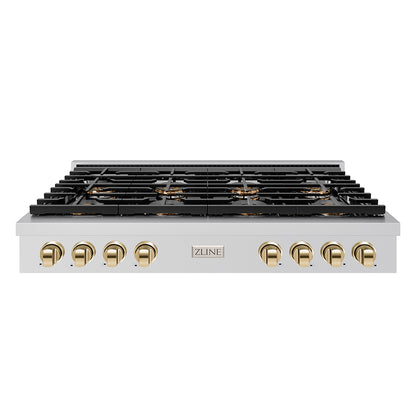 ZLINE Autograph 48" Paramount Gas Rangetop with 8 Burner DuoPro™ Cooktop in Stainless Steel and Polished Gold Accents, PSRTZ-48-G