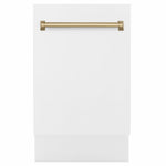 ZLINE Tallac Autograph Edition 18-Inch Top Control Built-In Dishwasher, White Matte Panel, Champagne Bronze Handle, 51 dBA, DWVZ-WM-18-CB