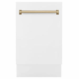 ZLINE Tallac Autograph Edition 18-Inch Top Control Built-In Dishwasher, White Matte Panel, Champagne Bronze Handle, 51 dBA, DWVZ-WM-18-CB