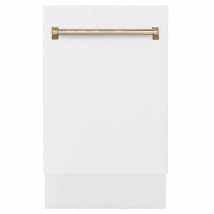 ZLINE Tallac Autograph Edition 18-Inch Top Control Built-In Dishwasher, White Matte Panel, Champagne Bronze Handle, 51 dBA, DWVZ-WM-18-CB