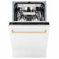 ZLINE Tallac Autograph Edition 18-Inch Top Control Built-In Dishwasher, White Matte Panel, Polished Gold Handle, 51 dBA, DWVZ-WM-18-G