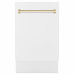 ZLINE Tallac Autograph Edition 18-Inch Top Control Built-In Dishwasher, White Matte Panel, Polished Gold Handle, 51 dBA, DWVZ-WM-18-G