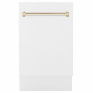 ZLINE Tallac Autograph Edition 18-Inch Top Control Built-In Dishwasher, White Matte Panel, Polished Gold Handle, 51 dBA, DWVZ-WM-18-G