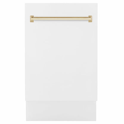 ZLINE Tallac Autograph Edition 18-Inch Top Control Built-In Dishwasher, White Matte Panel, Polished Gold Handle, 51 dBA, DWVZ-WM-18-G