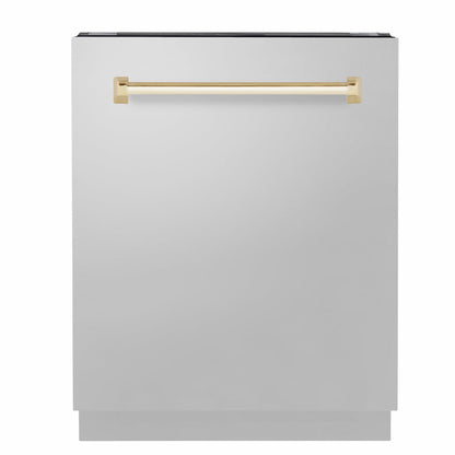 ZLINE Tallac Autograph Edition 24-Inch Top Control Built-In Dishwasher, Stainless Steel Panel, Polished Gold Handle, 51 dBA, DWVZ-304-24-G