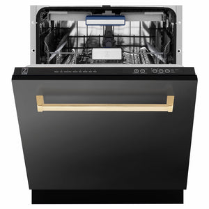 ZLINE Tallac Autograph Edition 24-Inch Top Control Built-In Dishwasher, Black Stainless Steel Panel, Champagne Bronze Handle, 51 dBA, DWVZ-BS-24-CB