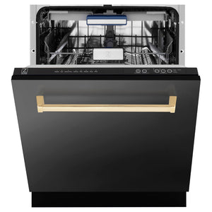ZLINE Tallac Autograph Edition 24-Inch Top Control Built-In Dishwasher, Black Stainless Steel Panel, Polished Gold Handle, 51 dBA, DWVZ-BS-24-G