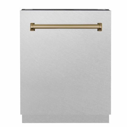 ZLINE Tallac Autograph Edition 24-Inch Top Control Built-In Dishwasher, Satin Stainless Steel Panel, Champagne Bronze Handle, 51 dBA, DWVZ-SN-24-CB