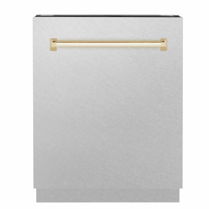 ZLINE Tallac Autograph Edition 24-Inch Top Control Built-In Dishwasher, Satin Stainless Steel Panel, Polished Gold Handle, 51 dBA, DWVZ-SN-24-G