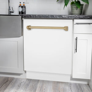 ZLINE Tallac Autograph Edition 24-Inch Top Control Built-In Dishwasher, White Matte Panel, Champagne Bronze Handle, 51 dBA, DWVZ-WM-24-CB
