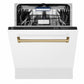 ZLINE Tallac Autograph Edition 24-Inch Top Control Built-In Dishwasher, White Matte Panel, Champagne Bronze Handle, 51 dBA, DWVZ-WM-24-CB