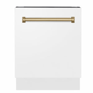 ZLINE Tallac Autograph Edition 24-Inch Top Control Built-In Dishwasher, White Matte Panel, Champagne Bronze Handle, 51 dBA, DWVZ-WM-24-CB