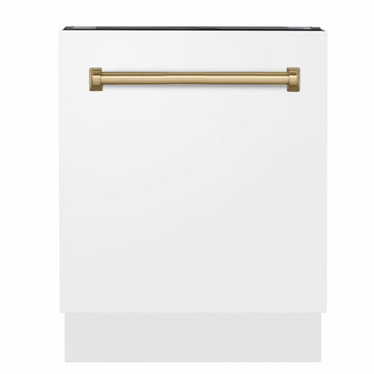 ZLINE Tallac Autograph Edition 24-Inch Top Control Built-In Dishwasher, White Matte Panel, Champagne Bronze Handle, 51 dBA, DWVZ-WM-24-CB