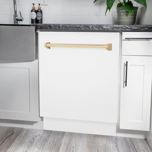 ZLINE Tallac Autograph Edition 24-Inch Top Control Built-In Dishwasher, White Matte Panel, Polished Gold Handle, 51 dBA, DWVZ-WM-24-G