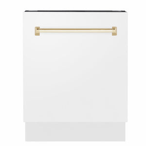 ZLINE Tallac Autograph Edition 24-Inch Top Control Built-In Dishwasher, White Matte Panel, Polished Gold Handle, 51 dBA, DWVZ-WM-24-G