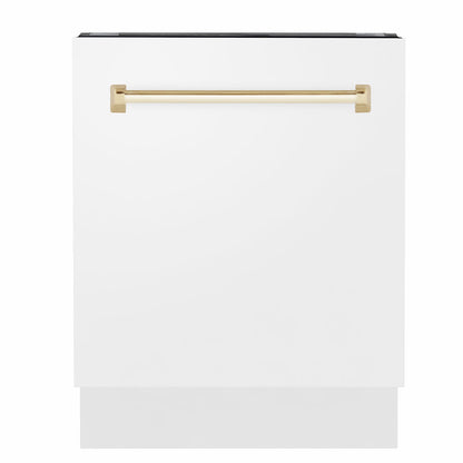 ZLINE Tallac Autograph Edition 24-Inch Top Control Built-In Dishwasher, White Matte Panel, Polished Gold Handle, 51 dBA, DWVZ-WM-24-G