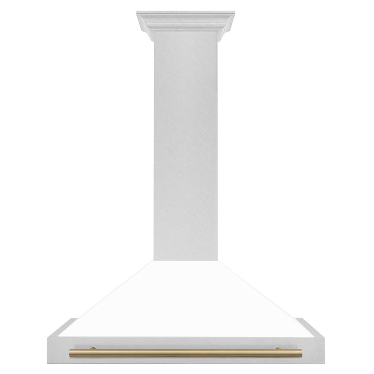 ZLINE 36" Autograph Edition Range Hood in DuraSnow® Stainless Steel with White Matte Shell and Champagne Bronze Handle, KB4SNZ-WM36-CB