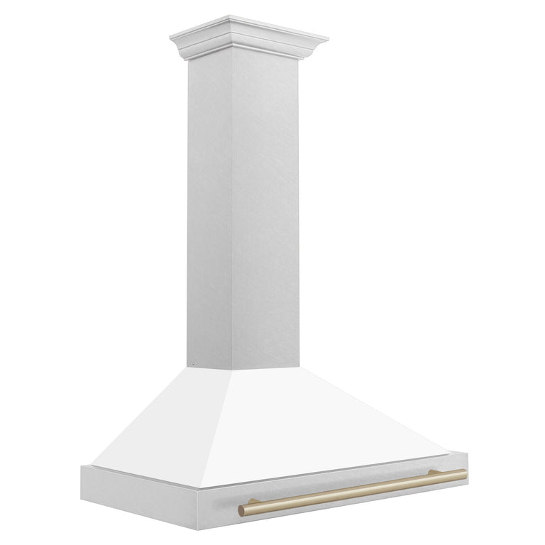 ZLINE 36" Autograph Edition Range Hood in DuraSnow® Stainless Steel with White Matte Shell and Champagne Bronze Handle, KB4SNZ-WM36-CB