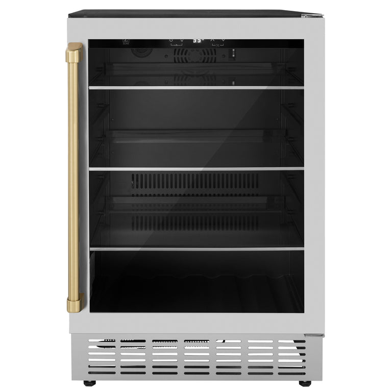 ZLINE 24" Autograph 154 Can Beverage Fridge in Stainless Steel with Champagne Bronze Accents - Monument Series, RBVZ-US-24-CB