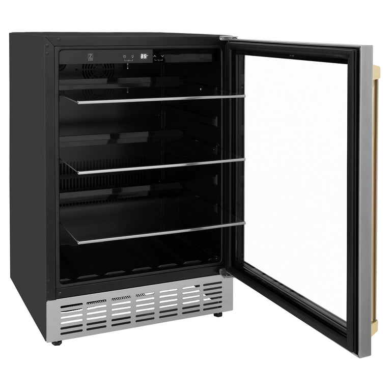 ZLINE 24" Autograph 154 Can Beverage Fridge in Stainless Steel with Champagne Bronze Accents - Monument Series, RBVZ-US-24-CB