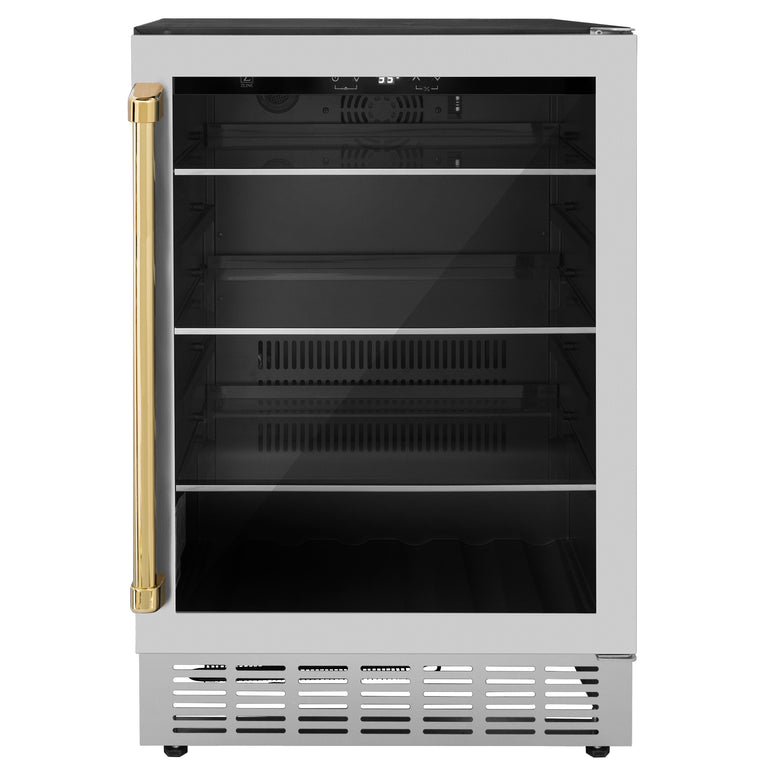ZLINE 24" Autograph 154 Can Beverage Fridge in Stainless Steel with Gold Accents - Monument Series, RBVZ-US-24-G