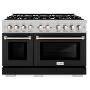 ZLINE 48" 6.7 cu. ft. Select Double Oven Gas Range with 8 Burners in DuraSnow® Stainless Steel with Black Matte Doors, HGRS-BLM-48