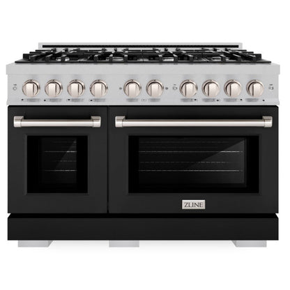 ZLINE 48" 6.7 cu. ft. Select Double Oven Gas Range with 8 Burners in DuraSnow® Stainless Steel with Black Matte Doors, HGRS-BLM-48
