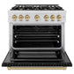 ZLINE Autograph 36" 5.2 cu. ft. Select Dual Fuel Range with 6 Burners in DuraSnow® Stainless Steel with Black Matte Door and Champagne Bronze Accents, HDRSZ-BLM-36-CB