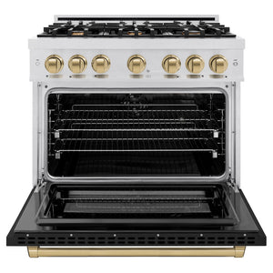 ZLINE Autograph 36" 5.2 cu. ft. Select Dual Fuel Range with 6 Burners in DuraSnow® Stainless Steel with Black Matte Door and Champagne Bronze Accents, HDRSZ-BLM-36-CB