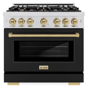 ZLINE Autograph 36" 5.2 cu. ft. Select Dual Fuel Range with 6 Burners in DuraSnow® Stainless Steel with Black Matte Door and Champagne Bronze Accents, HDRSZ-BLM-36-CB