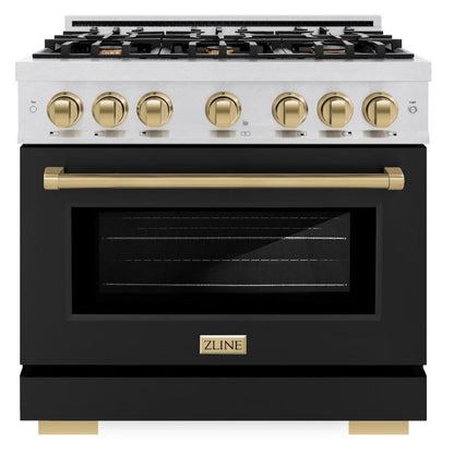 ZLINE Autograph 36" 5.2 cu. ft. Select Dual Fuel Range with 6 Burners in DuraSnow® Stainless Steel with Black Matte Door and Champagne Bronze Accents, HDRSZ-BLM-36-CB
