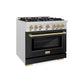 ZLINE Autograph 36" 5.2 cu. ft. Select Dual Fuel Range with 6 Burners in DuraSnow® Stainless Steel with Black Matte Door and Champagne Bronze Accents, HDRSZ-BLM-36-CB