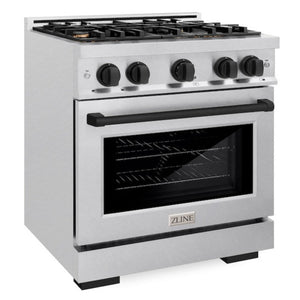 ZLINE Autograph 30" 4.2 cu. ft. Select Dual Fuel Range with 4 Burners in DuraSnow® Stainless Steel with Matte Black Accents, HDRSZ-30-MB