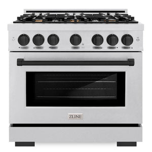 ZLINE Autograph 36" 5.2 cu. ft. Select Dual Fuel Range with 6 Burners in DuraSnow® Stainless Steel with Matte Black Accents, HDRSZ-36-MB