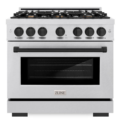 ZLINE Autograph 36" 5.2 cu. ft. Select Dual Fuel Range with 6 Burners in DuraSnow® Stainless Steel with Matte Black Accents, HDRSZ-36-MB
