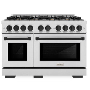 ZLINE Autograph 48" 6.7 cu. ft. Select Double Oven Dual Fuel Range with 8 Burners in DuraSnow® Stainless Steel and Matte Black Accents, HDRSZ-48-MB