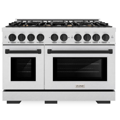 ZLINE Autograph 48" 6.7 cu. ft. Select Double Oven Dual Fuel Range with 8 Burners in DuraSnow® Stainless Steel and Matte Black Accents, HDRSZ-48-MB