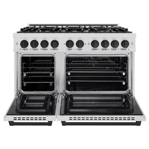 ZLINE Autograph 48" 6.7 cu. ft. Select Double Oven Dual Fuel Range with 8 Burners in DuraSnow® Stainless Steel and Matte Black Accents, HDRSZ-48-MB