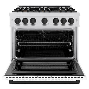 ZLINE Autograph 36" 5.2 cu. ft. Select Dual Fuel Range with 6 Burners in DuraSnow® Stainless Steel with White Matte Door and Matte Black Accents, HDRSZ-WM-36-MB