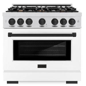 ZLINE Autograph 36" 5.2 cu. ft. Select Dual Fuel Range with 6 Burners in DuraSnow® Stainless Steel with White Matte Door and Matte Black Accents, HDRSZ-WM-36-MB