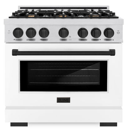 ZLINE Autograph 36" 5.2 cu. ft. Select Dual Fuel Range with 6 Burners in DuraSnow® Stainless Steel with White Matte Door and Matte Black Accents, HDRSZ-WM-36-MB