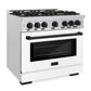 ZLINE Autograph 36" 5.2 cu. ft. Select Dual Fuel Range with 6 Burners in DuraSnow® Stainless Steel with White Matte Door and Matte Black Accents, HDRSZ-WM-36-MB