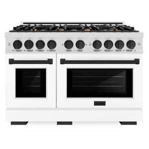 ZLINE Autograph 48" 6.7 cu. ft. Select Double Oven Dual Fuel Range with 8 Burners in DuraSnow® Stainless Steel with White Matte Doors and Matte Black Accents, HDRSZ-WM-48-MB